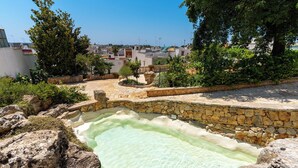 A terraced pool with clear water, surrounded by stone walls and greenery, overlooking a residential area. - 3558 Dimora Don Attilio by Barbarhouse (Sannicola)