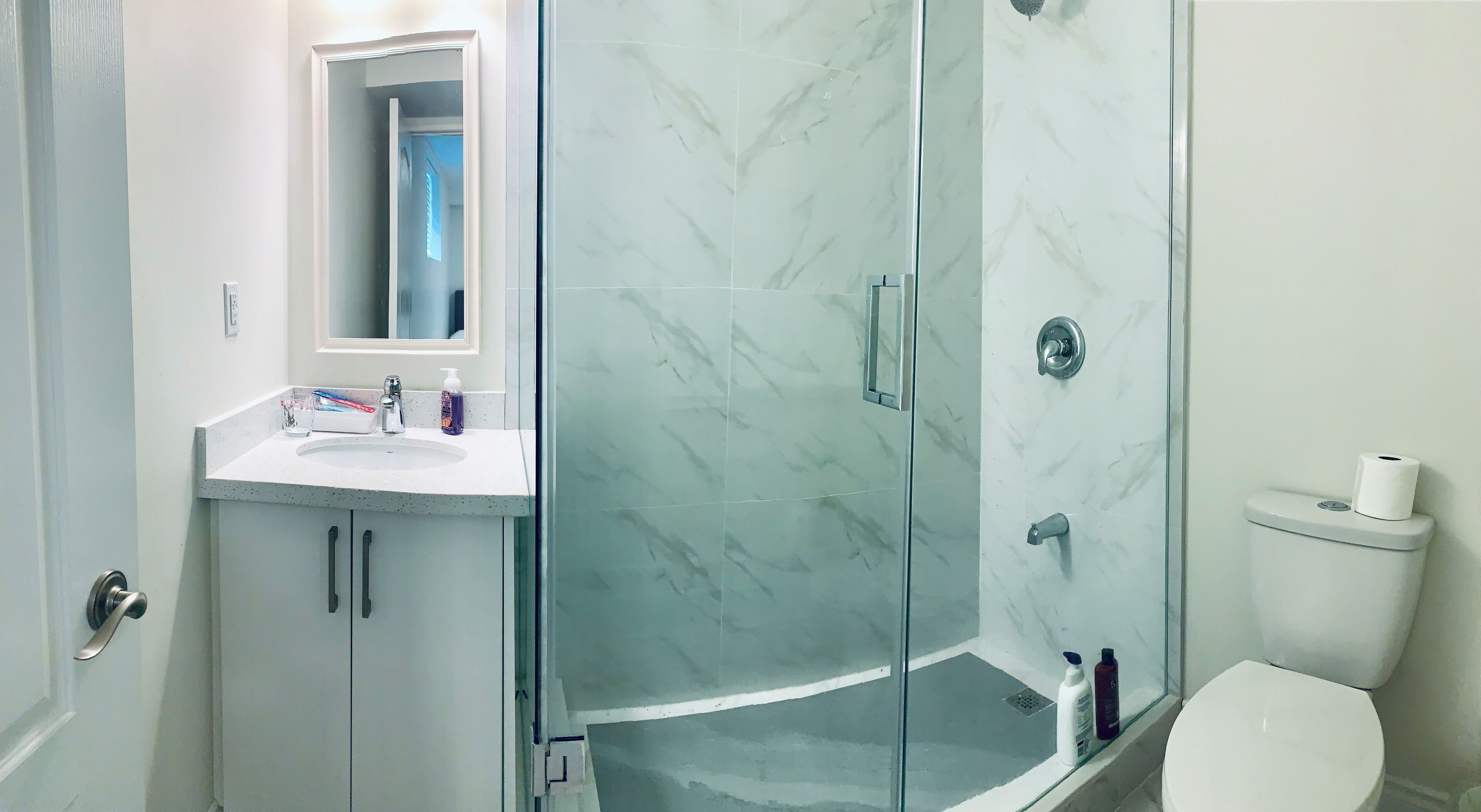 Hair dryer, towels, soap, shampoo