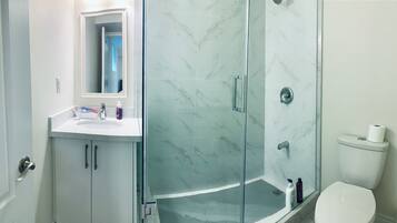 Hair dryer, towels, soap, shampoo