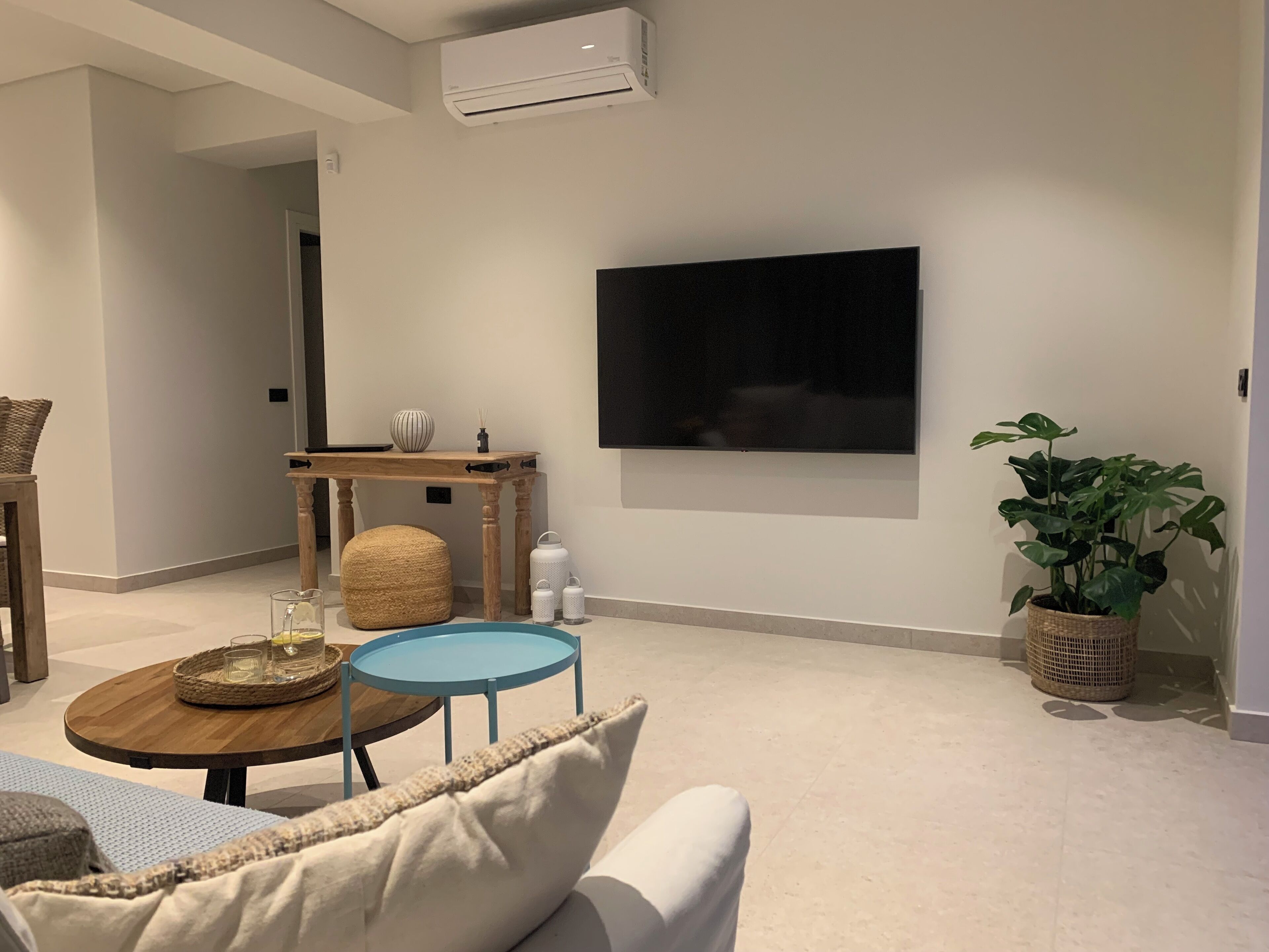 Een moderne woonkamer met een bank, salontafel, tv aan de muur en een potplant.
