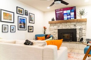 Smart TV, fireplace, books
