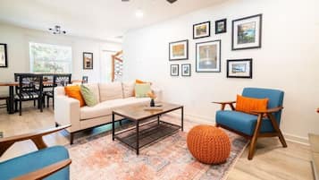 Smart TV, fireplace, books