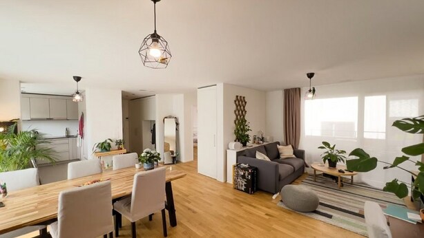 Un appartement moderne comprenant un coin repas, un salon et une cuisine.