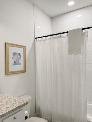 Hair dryer, towels, soap, shampoo