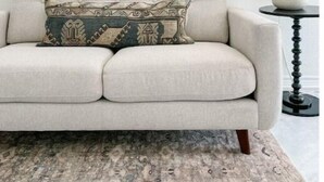 A light-colored sofa with a patterned pillow, a framed picture on the wall, and a table lamp on a side table. - Upscale studio with skyline view (Abilene)