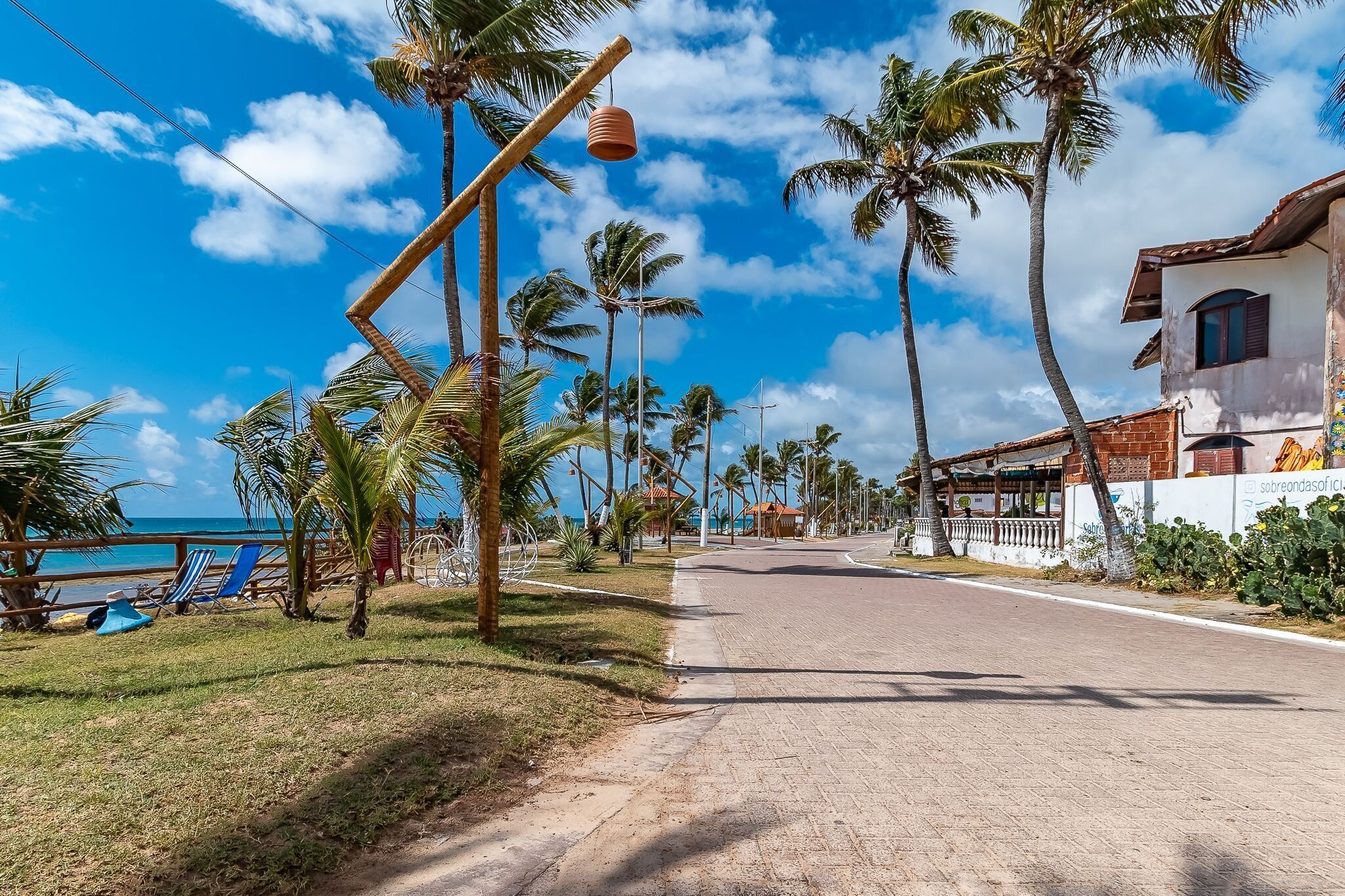 A coastal road lined with palm trees and a beachside area with lounge chairs.