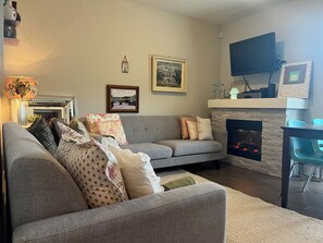 Smart TV, fireplace, books, video library