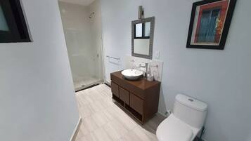 Hair dryer, towels, soap, shampoo