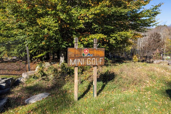 A wooden sign with 'MINI GOLF' written on it, surrounded by trees and grass.