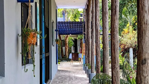 A covered walkway with potted plants and wooden pillars.