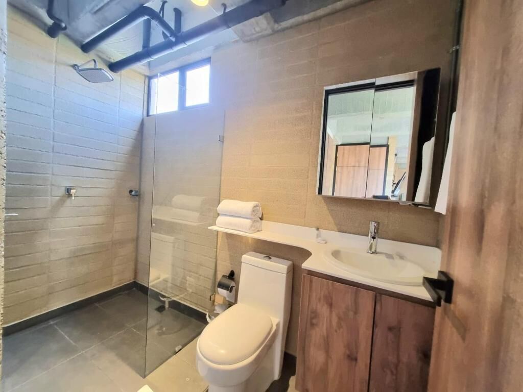 Une salle de bain moderne avec une douche à parois de verre, des toilettes, un lavabo avec un meuble-vasque en bois et un miroir au-dessus du lavabo.