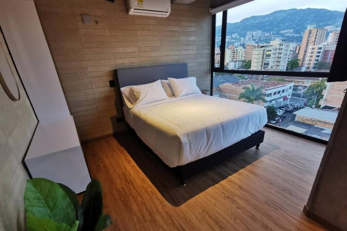 A modern hotel room with a large bed, a view of the city, and a potted plant.