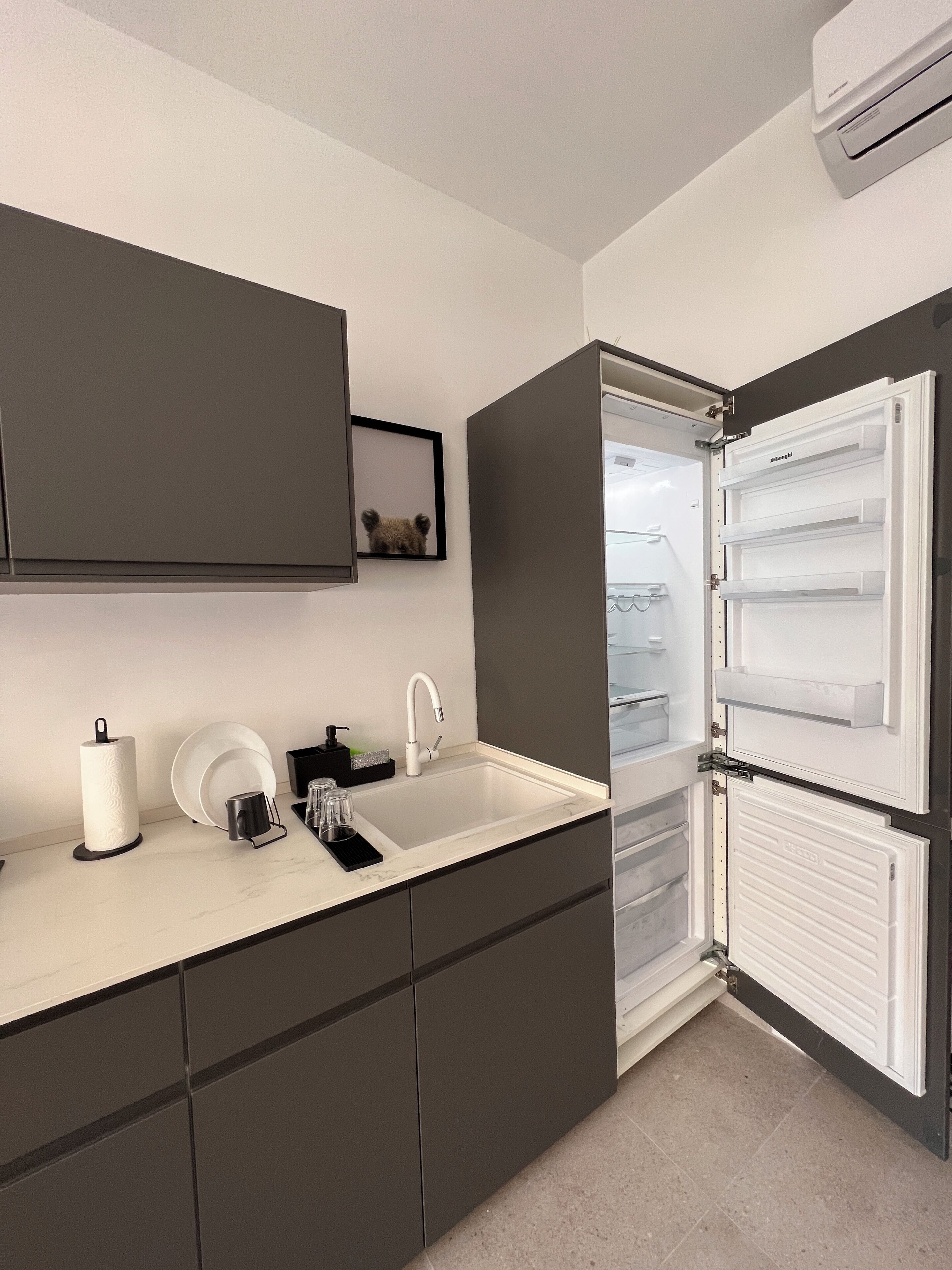 Premium Studio | Private kitchen | Full-size fridge, stovetop, electric kettle, griddle