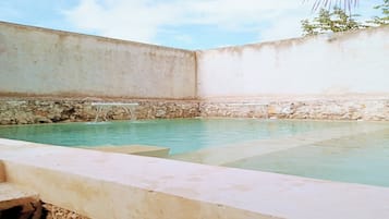 Une piscine avec un mur en pierre et un palmier.