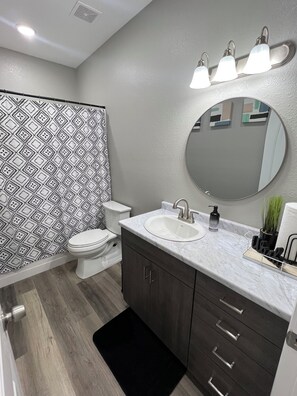 Hair dryer, towels, toilet paper