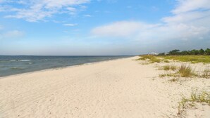 A sandy beach with the ocean on one side and a grassy area with a building on the other. - Worth the Coast Beach House-Golf Cart, Pool, In-law suite, resort community+more (Port St. Joe)
