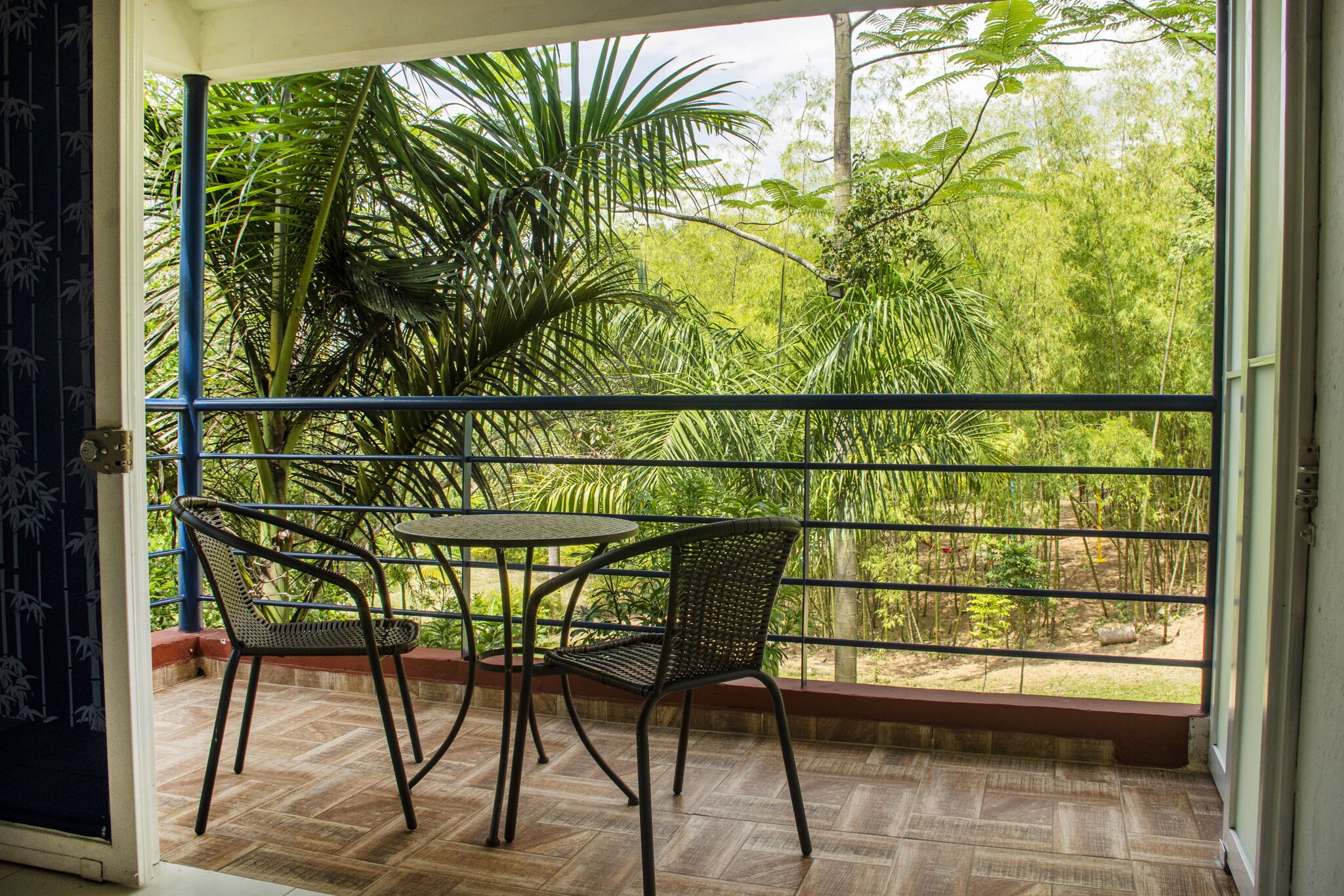 Un balcón con dos sillas y una mesa, con vistas a un jardín exuberante con diversas plantas y árboles.