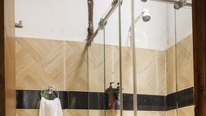 Casa de banho com sanita, cabine de duche com paredes de vidro e toalha pendurada na parede.