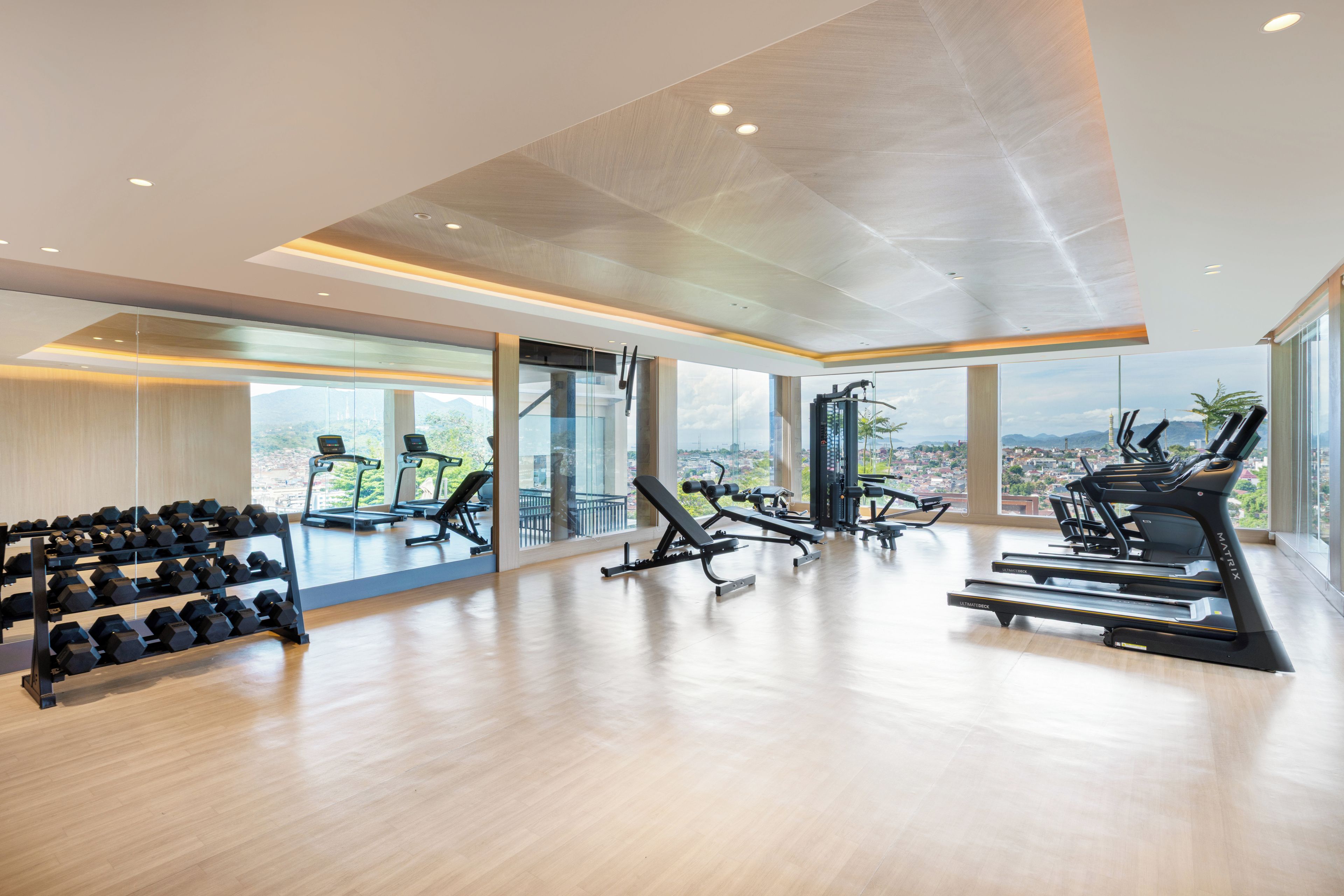 Un gimnasio con cintas de correr, máquinas de pesas y mancuernas.