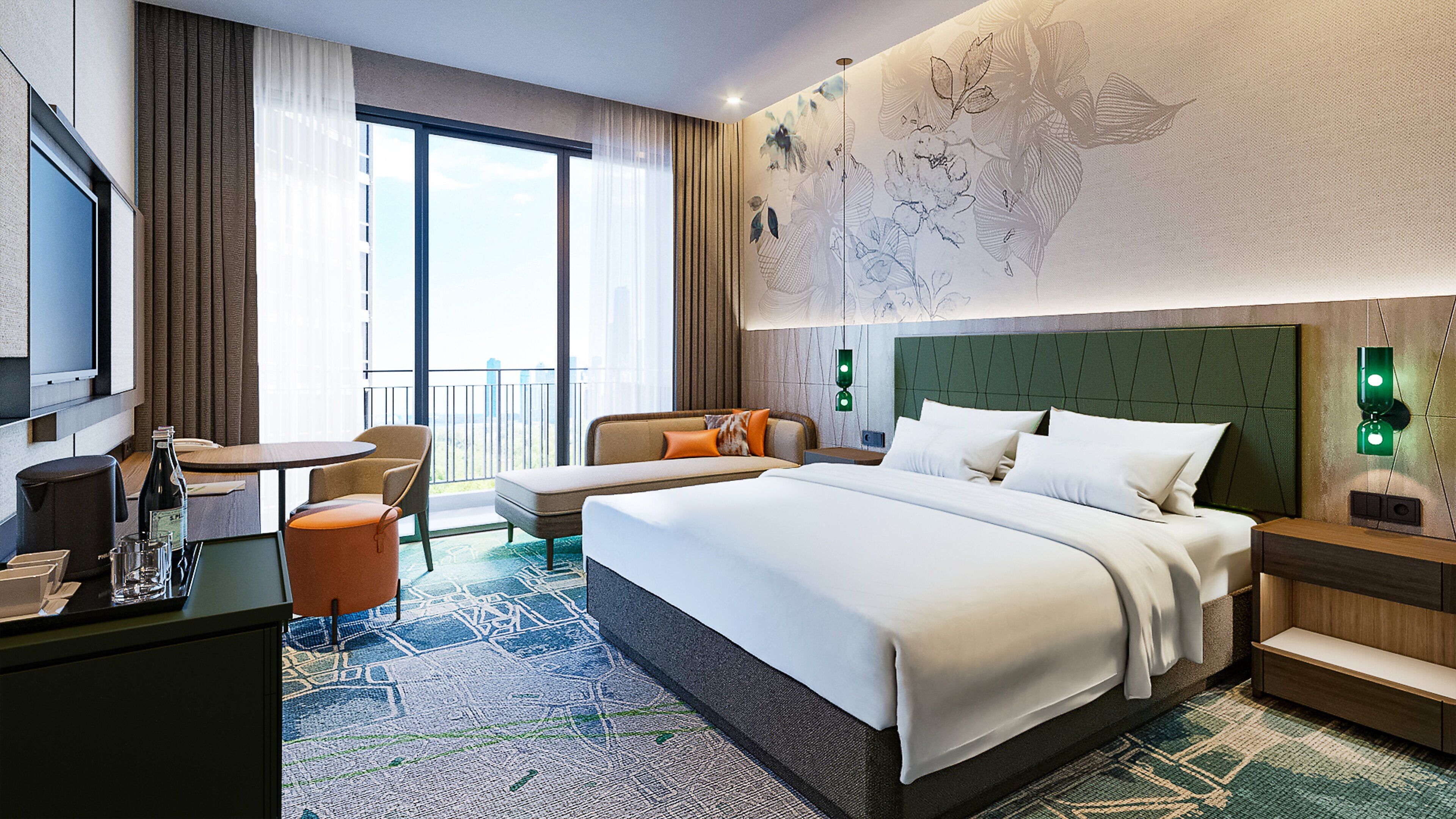 A hotel room with a large bed, a desk with a chair, a television, and a view of the city through the windows.