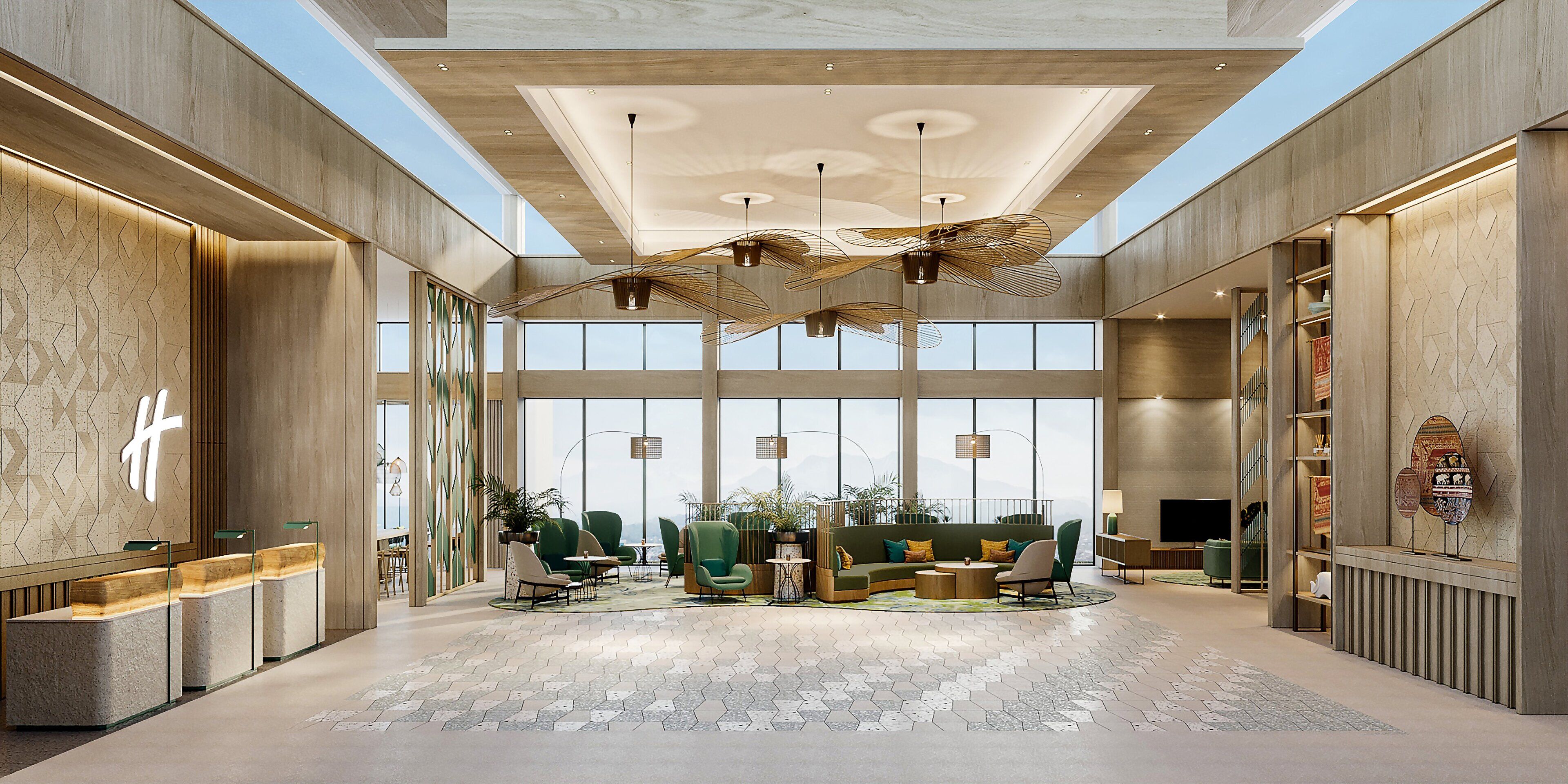 A spacious lobby with a high ceiling, modern furniture, and a large window providing a view of the outdoors.