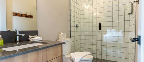 A modern bathroom with a glass-enclosed shower, a sink with a marble countertop, and a toilet.