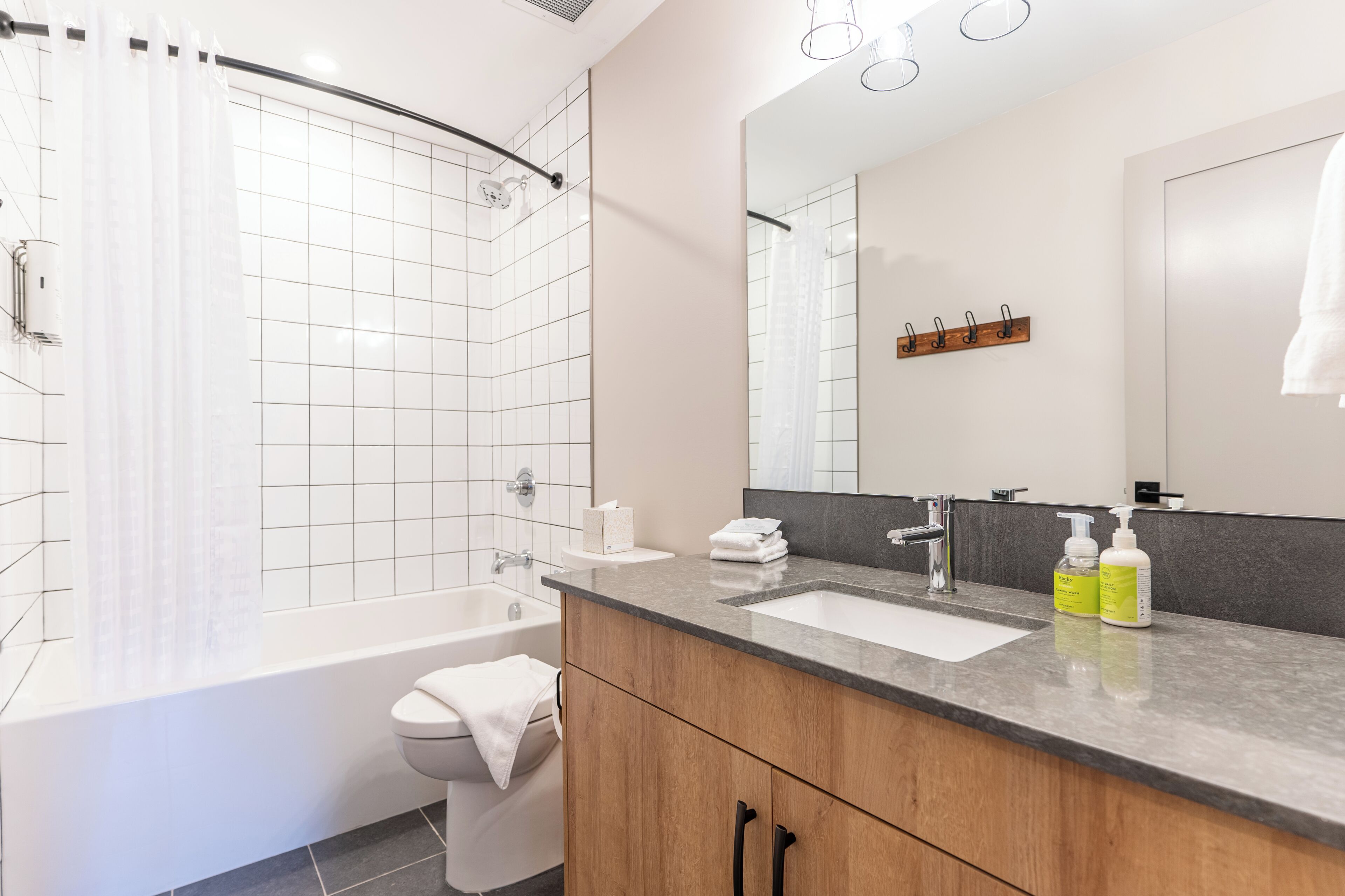 Une salle de bain moderne avec une baignoire, des toilettes et un lavabo. On peut voir deux bouteilles de shampoing et d’après-shampoing sur le lavabo.