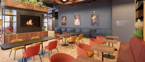 A restaurant with a fireplace, tables, chairs, and artwork on the walls.