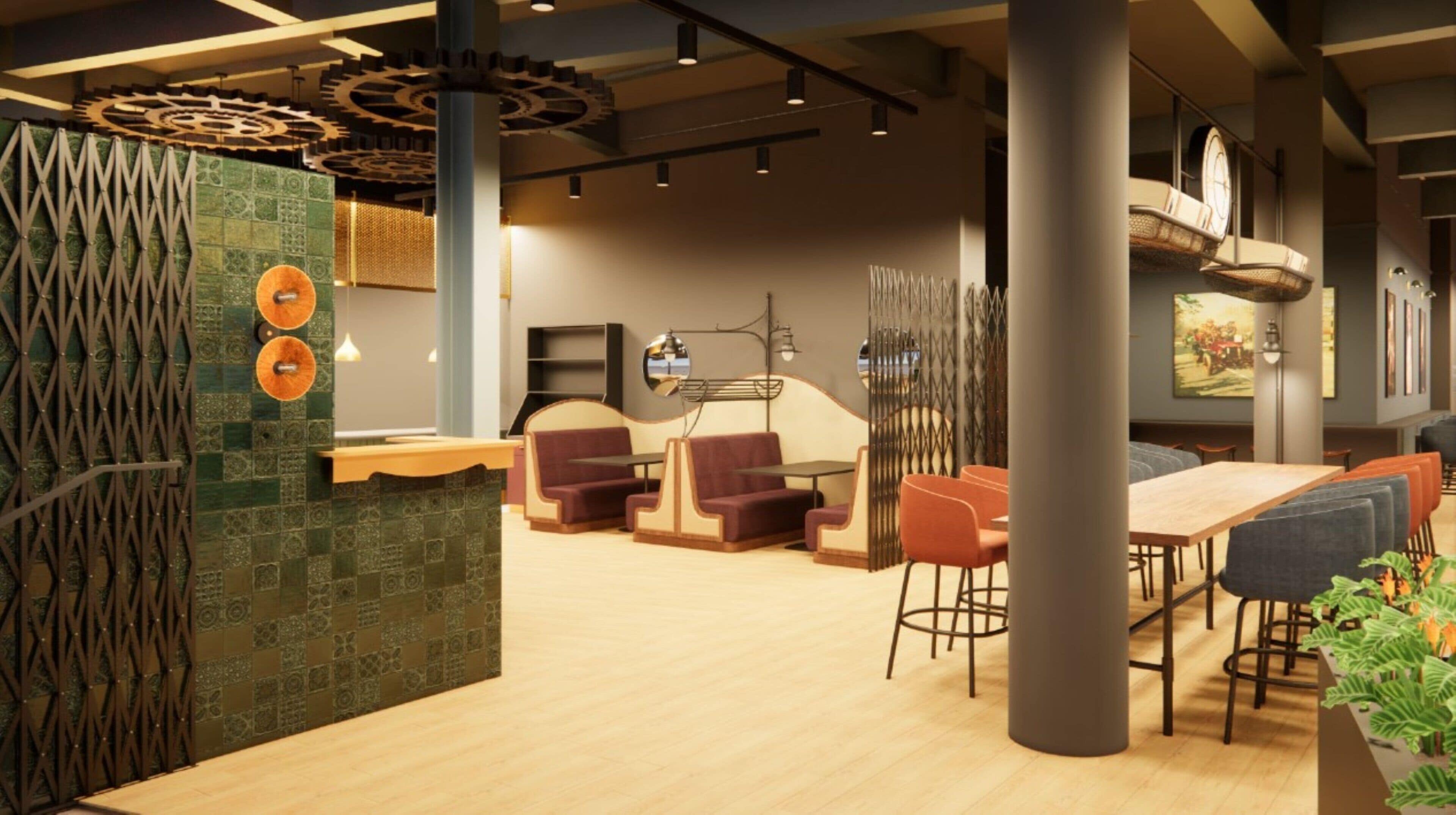A modern interior with a reception desk, seating areas, and a large table.