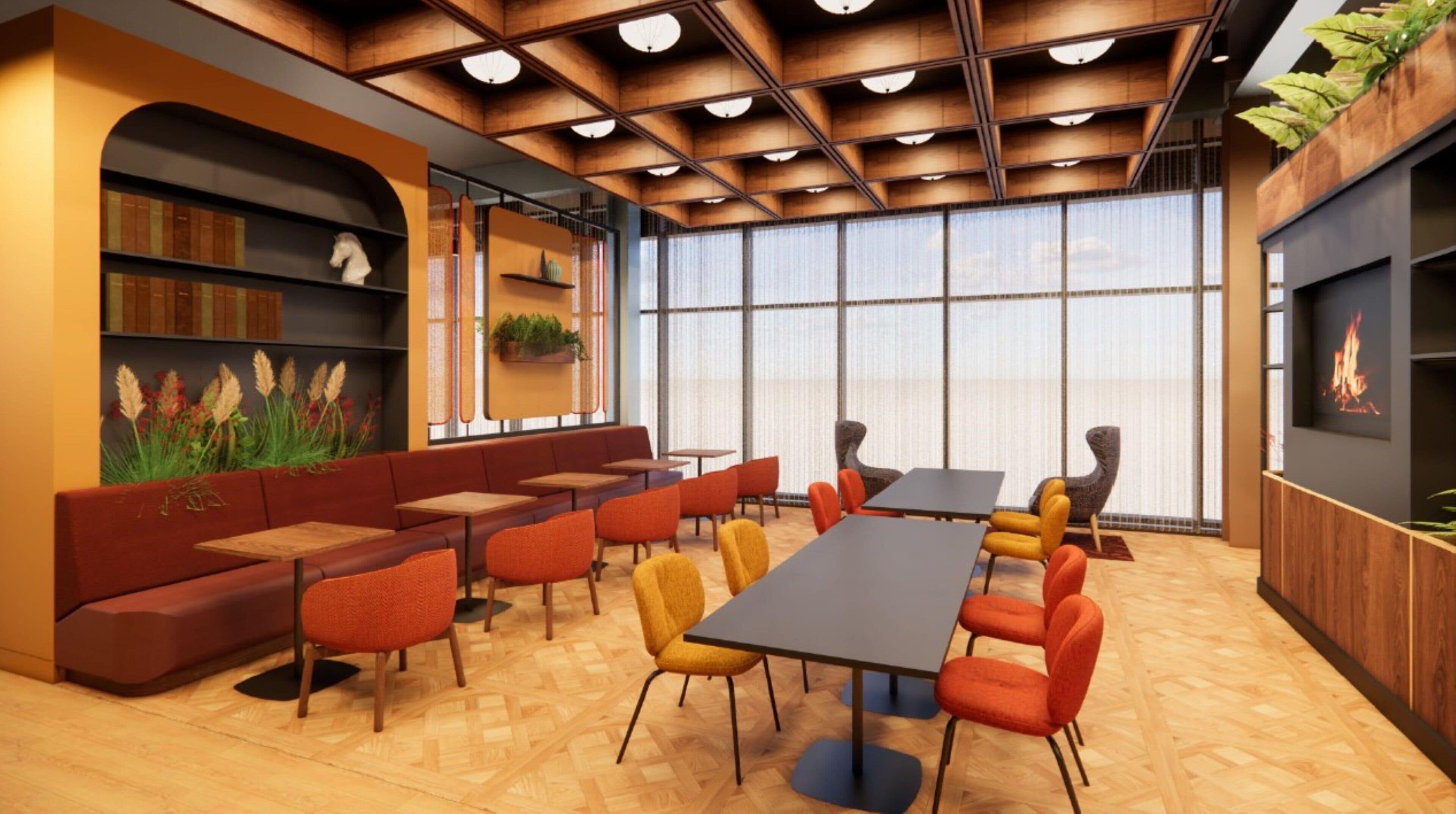 A modern interior with a long table, multiple chairs, a sofa, and a bookshelf.