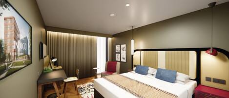Habitación de hotel moderna con una cama grande, un escritorio, una silla, un sillón rojo y vistas al exterior.