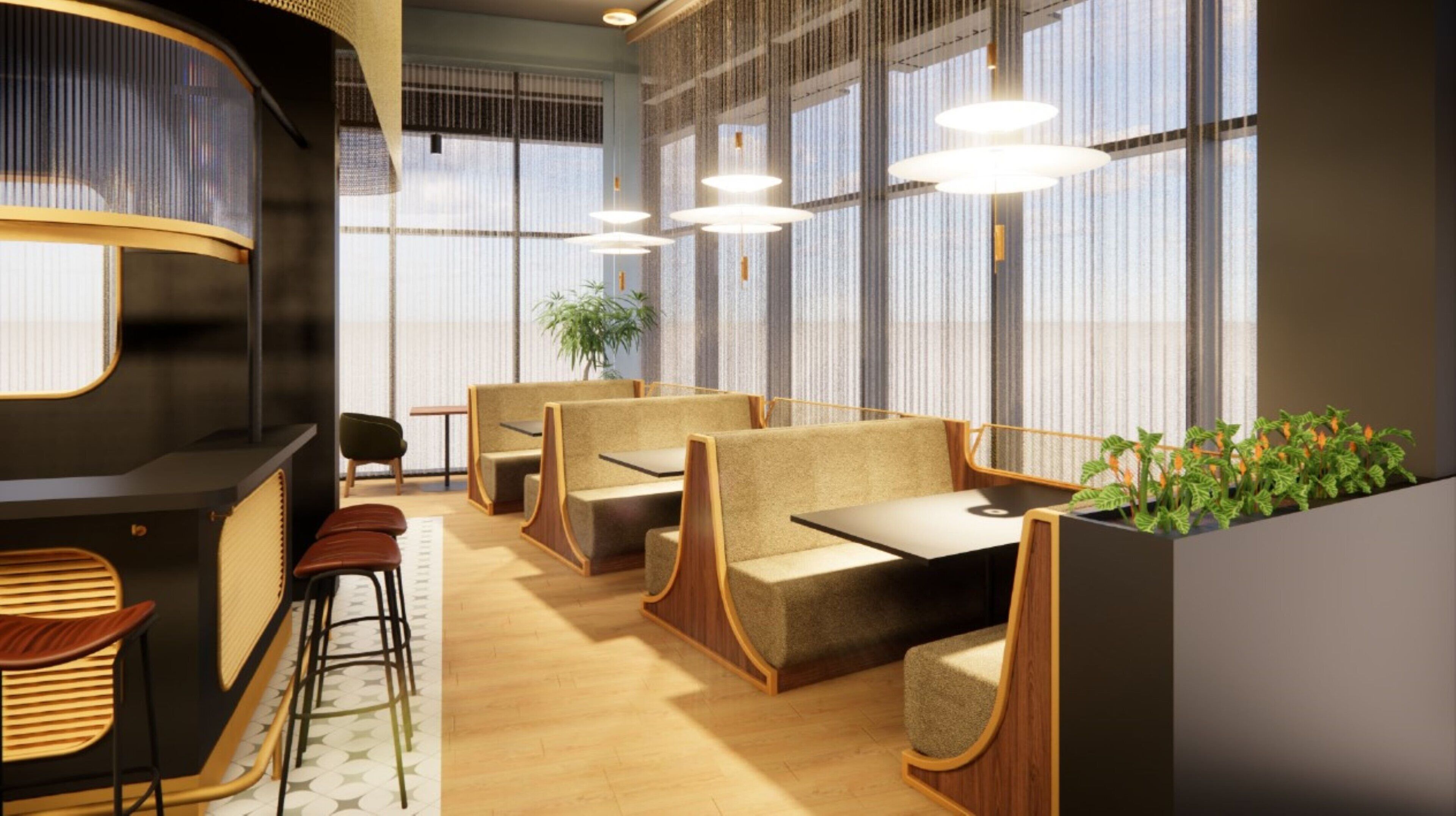 Un intérieur moderne avec des banquettes, un bar et de grandes fenêtres.