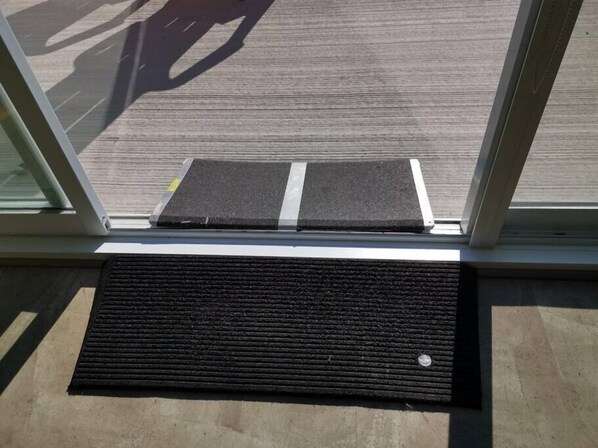 A window with a view of a street, a doormat, and a mat on the floor.