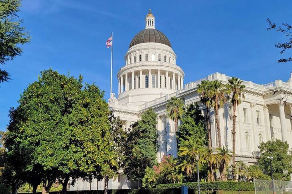 A large, white, neoclassical building with a prominent dome and columns, surrounded by lush greenery and palm trees.