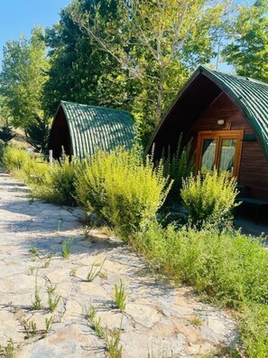A rustic cabin with a green roof and wooden walls, surrounded by lush greenery and a stone pathway. - Clean Bungalov Tatil Köyü (Ermenek)