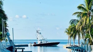 A calm marina with a boat docked, palm trees, and a clear sky. - Super Snapper OceanView Heated Pool, Tiki, Large Dock, Lanai (Marathon)