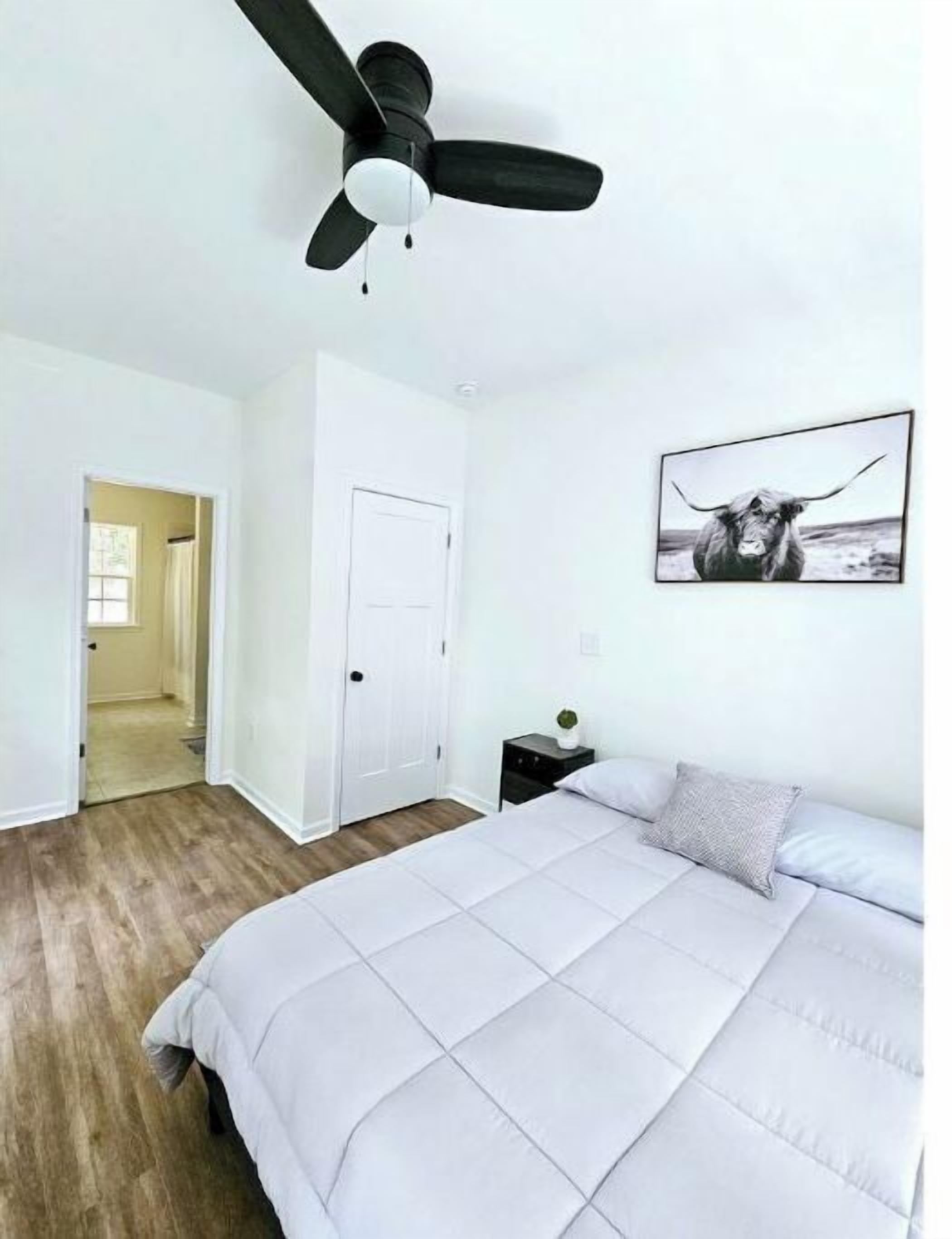 A bedroom with a bed, a ceiling fan, a door, and a wall-mounted picture.