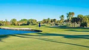 Ein Golfplatz mit einem Wasserhindernis, Palmen und blauem Himmel.