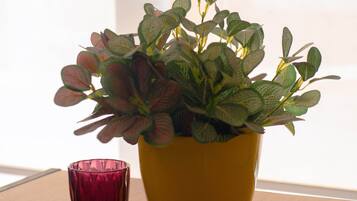 Una pianta in vaso con foglie variegata su un tavolo di legno, accanto a un candelabro di vetro rosa.