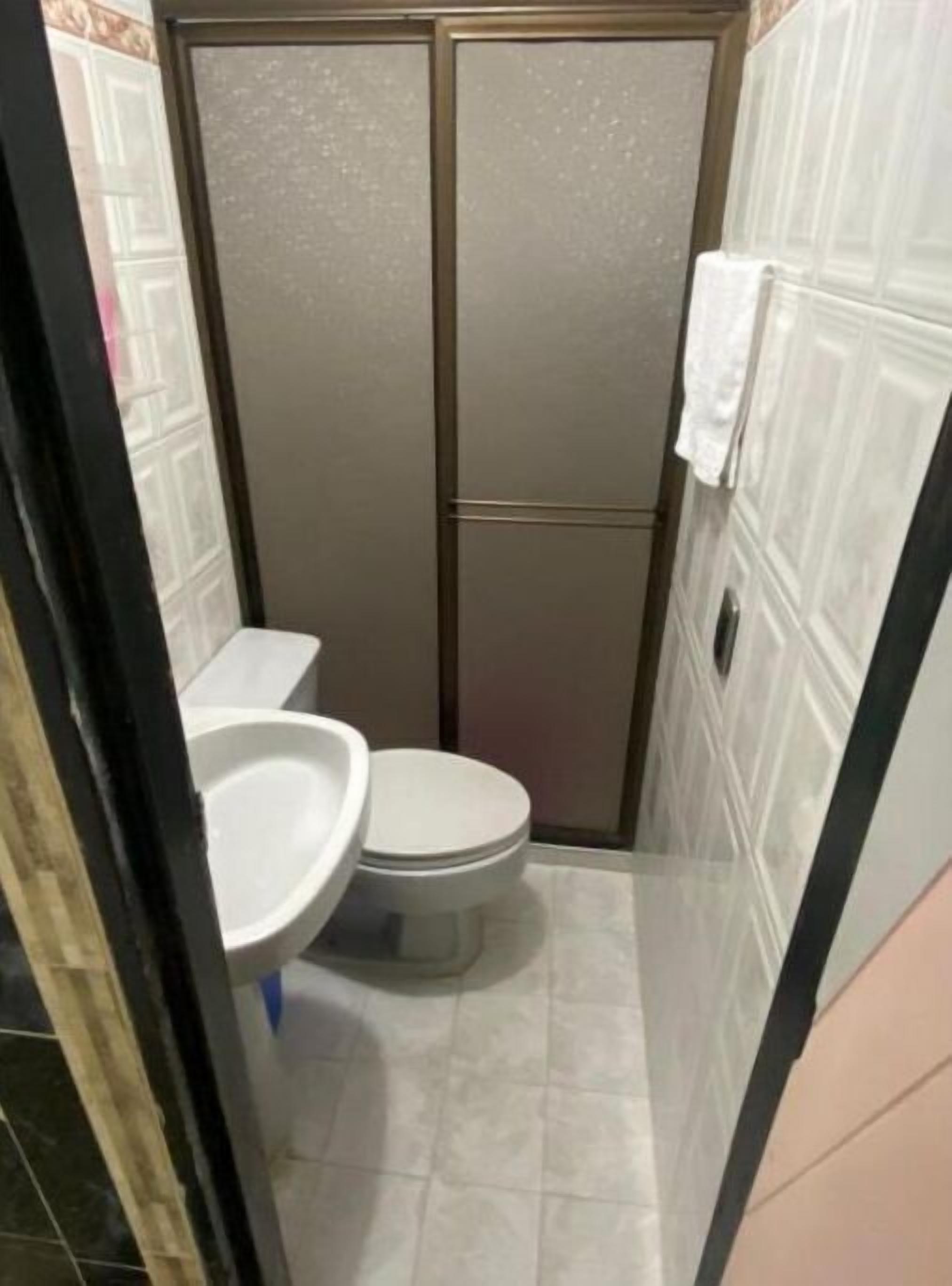 A small bathroom with a toilet, sink, and a shower stall.