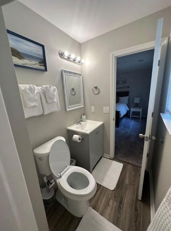 A compact bathroom with a toilet, sink, and mirror. There are two towels on the wall and a small rug on the floor. - Clean, Quiet, & Cozy, Bungalow Getaway (Savannah)