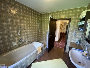 Hair dryer, towels, soap, toilet paper