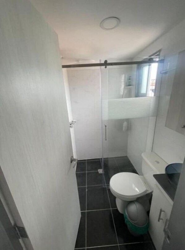 A compact bathroom with a toilet, a small sink, and a shower area.