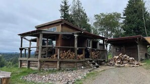A rustic cabin with a wooden deck and a covered porch, surrounded by trees and a gravel path.