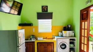 Una cocina compacta con lavadora, microondas y lavabo.
