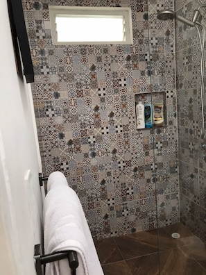 Douche, séchoir à cheveux, serviettes fournies, savon