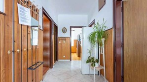 Un pasillo con puertas de madera, un reloj blanco montado en la pared y una planta en maceta.
