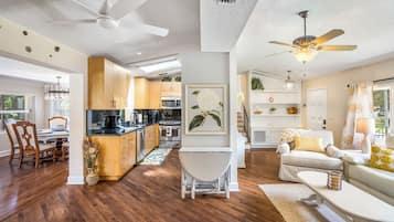 TV connectée, cheminée, livres, chaîne hi-fi