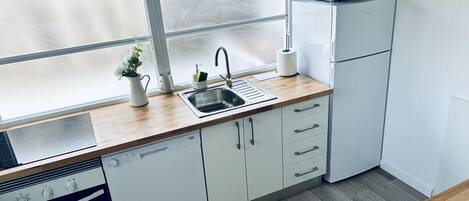 Fridge, microwave, oven, dishwasher