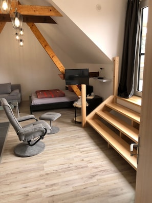 Une pièce de style loft avec un plafond en bois, un lit, une télévision et des coins salon.